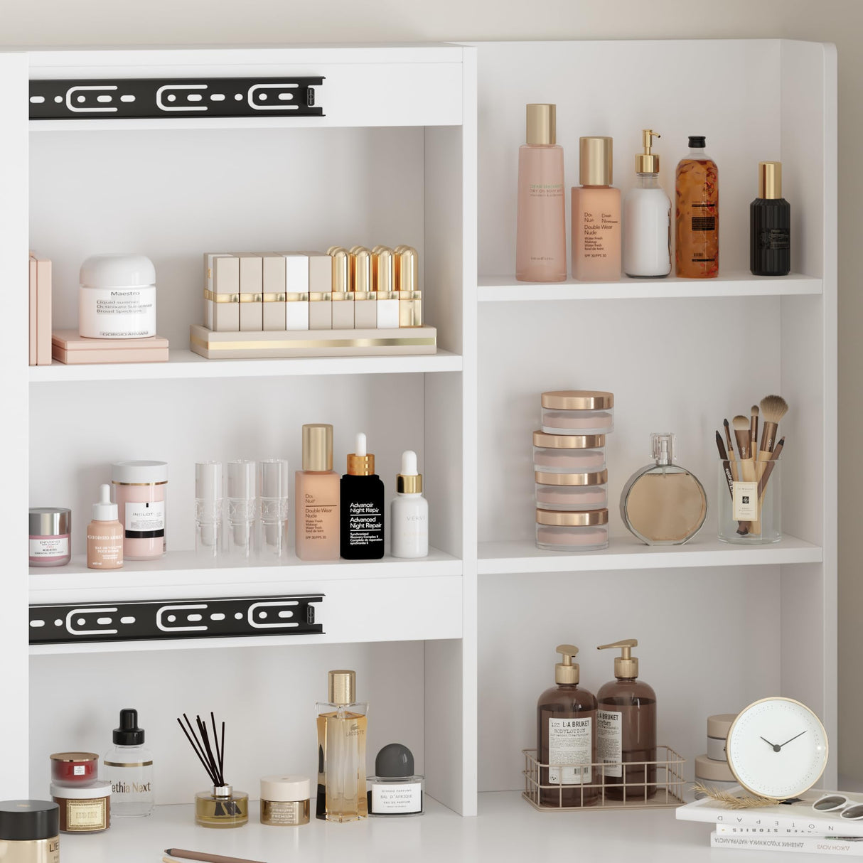 FUNISIR Makeup Vanity Desk with Sliding Mirror and Lights, Makeup Table Set with 3 Colors LED Light, 5 Drawers, Shelves & Stool, Bedroom Dressing Table Girls Vanity Desk in White FUNISIR