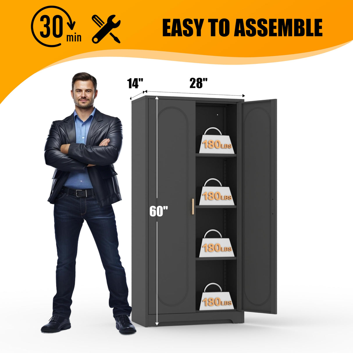 Black Metal Storage Cabinet with with Door, Kitchen Pantry Cabinet with 3 Adjustable Shelves, 60" Tall Storage Cabinets, Steel Large Cupboard for Home Office, Living Room, Dining Room, Kitchen MetalMax