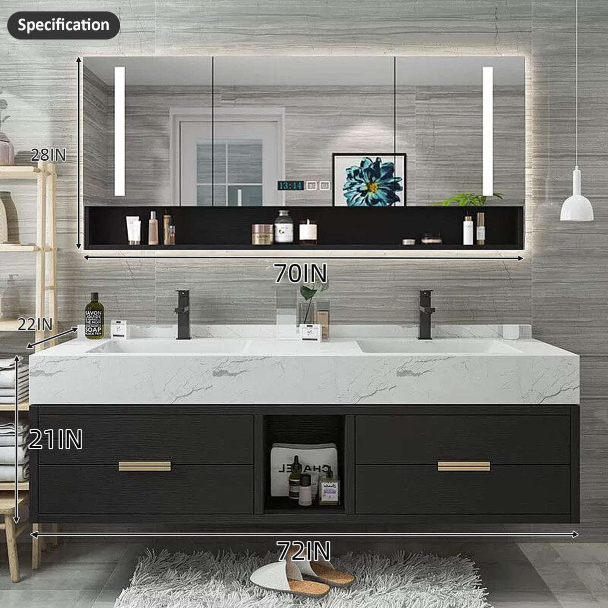 TIZAZO Bathroom Vanity with Double Sink - 72IN Bathroom Sink Vanity with One - Button Defogging & Human Body Sensor Light | 4 Drawers, Black TIZAZO
