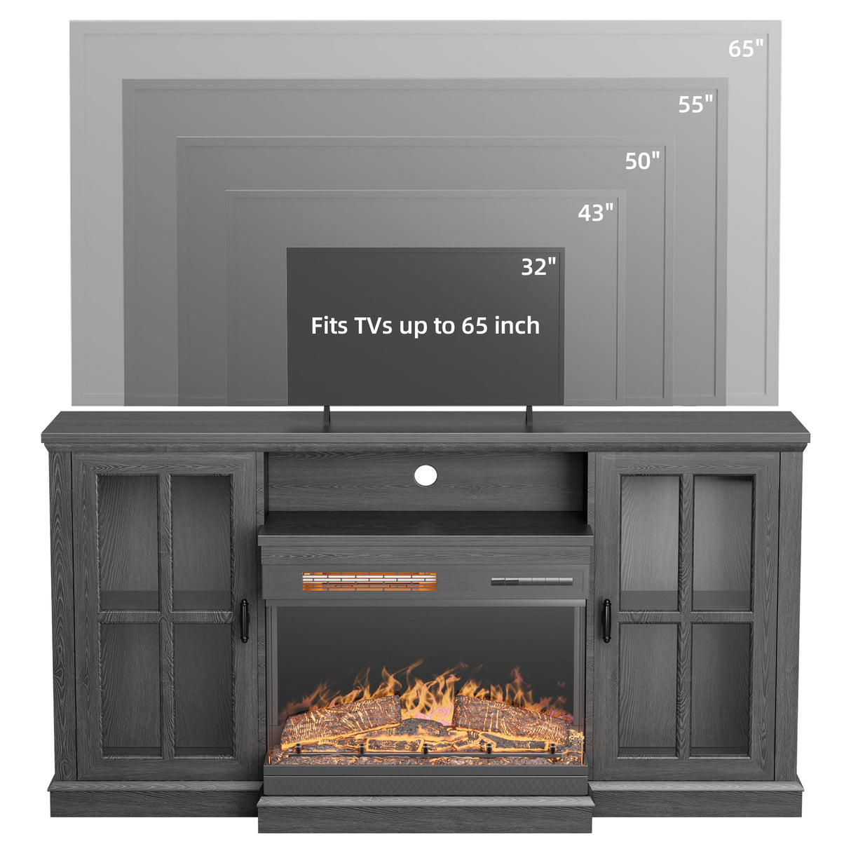 YESHOMY Glass Fireplace TV Stand for Televisions up to 65", Media Entertainment Center Console Table with Doors Closed Storage, Black with Wood Grain YESHOMY