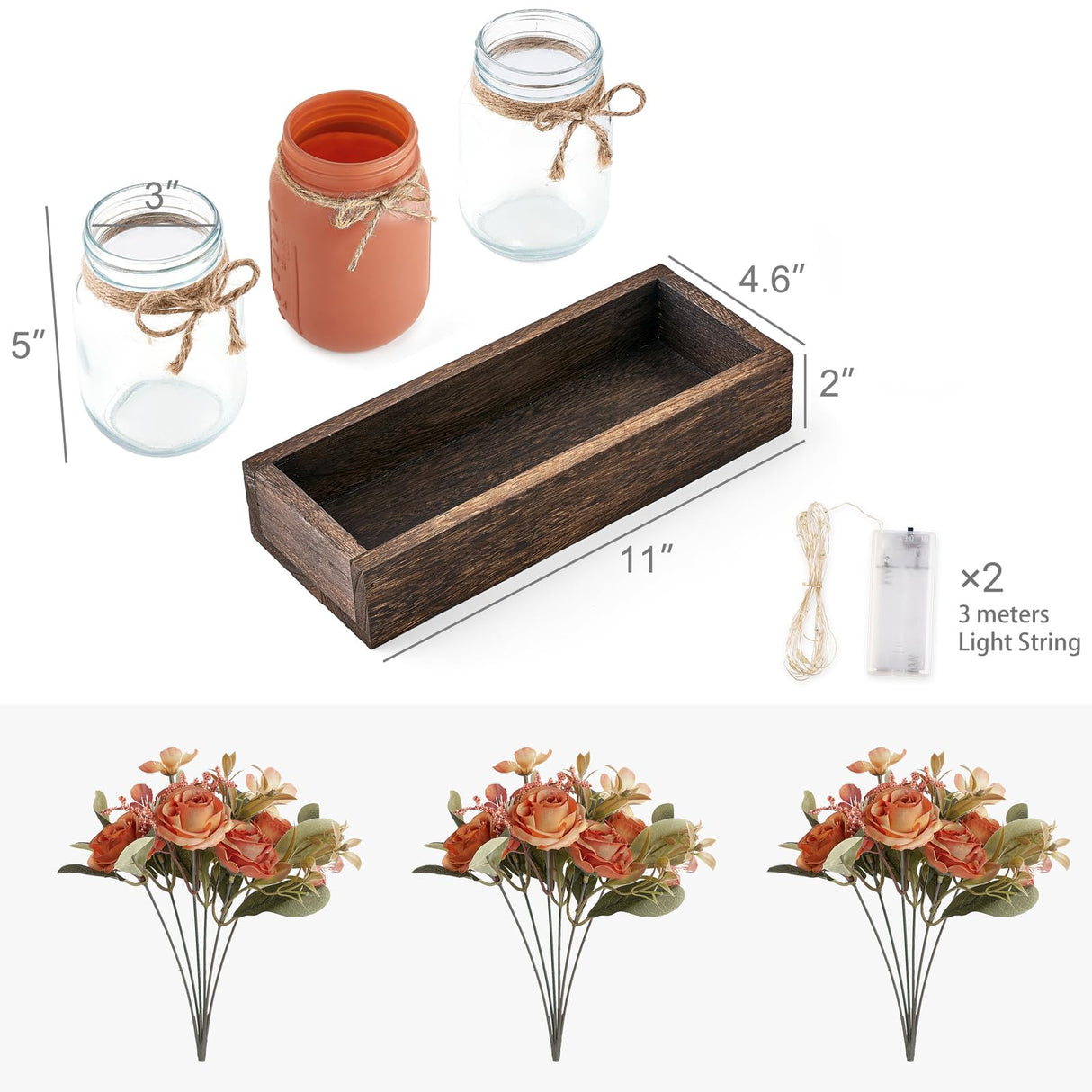 Mkono Mason Jar Lights Centerpiece Table Decorations for Dining Room Farmhouse Coffee Table Decor Tray with 3 Jars Flowers Centerpieces Fall Decor for Kitchen Living Dining Room, Orange Mkono