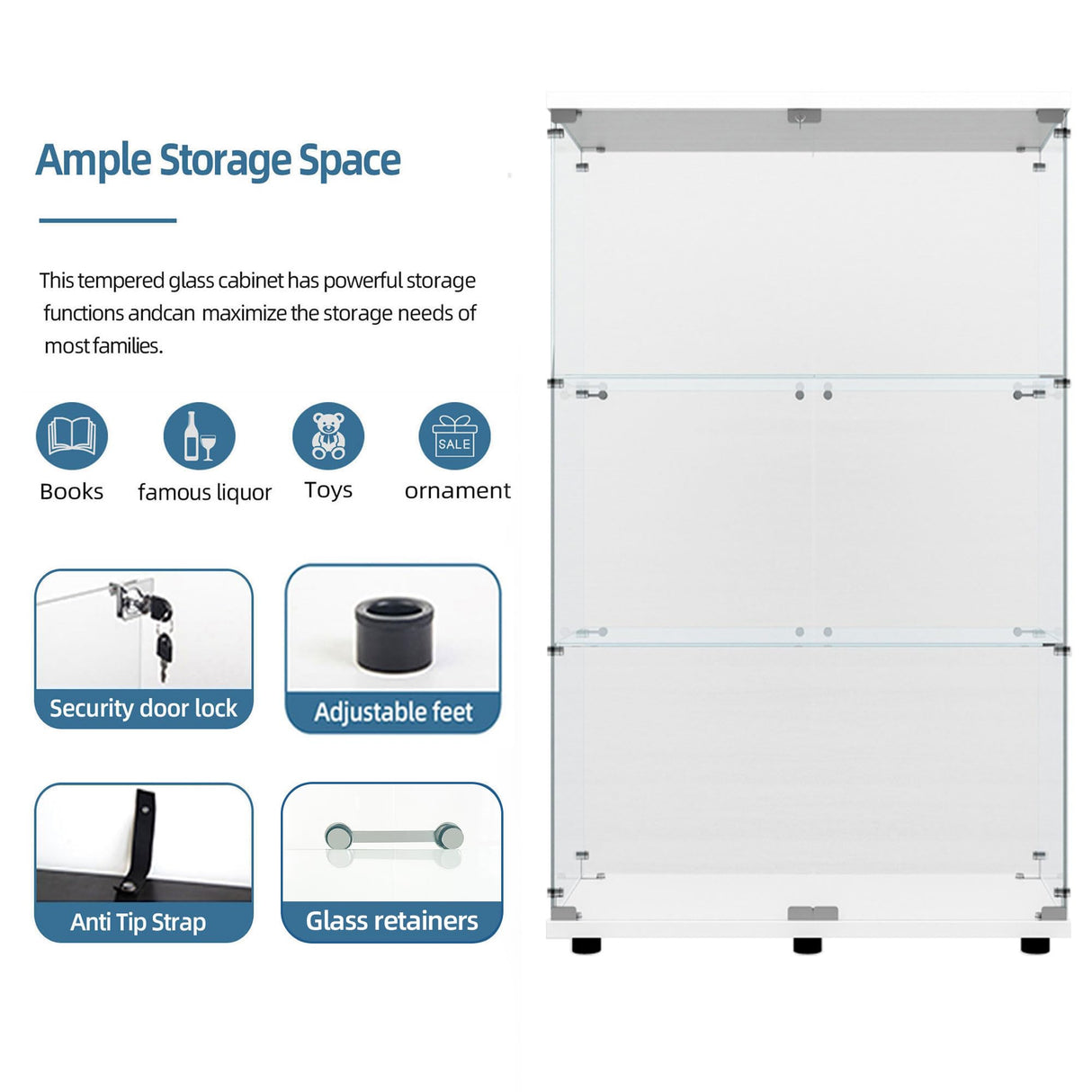 TRJQBCC 49" H 2 Doors Tempered Glass Display Cabinet with LED Light, 3-Shelf Wooden Curio Storage Cabinet with Adujust Floor Feet, Freestanding Lockable Display Storage Case Bookshelf for Home(White) TRJQBCC