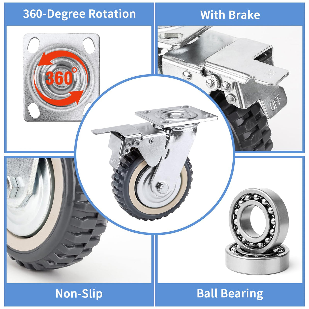 NestChic 4 Pack Heavy Duty Plate Casters Set, 8 Inch Swivel Wheels with Brake, Anti-Skid 360 Degree Ball Bearing Castors (2 with Brake, 2 Without) NestChic