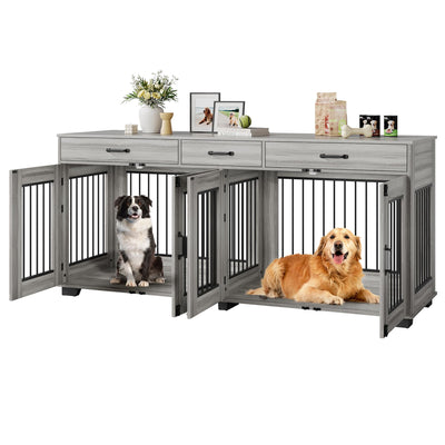 Garvee 71" Double Dog Crate Furniture, Heavy Duty Dog Kennel Indoor with 3 Storage Drawers & Divider, Decorative Side Table Pet Cage for Small & Medium Breeds, Grey Oak