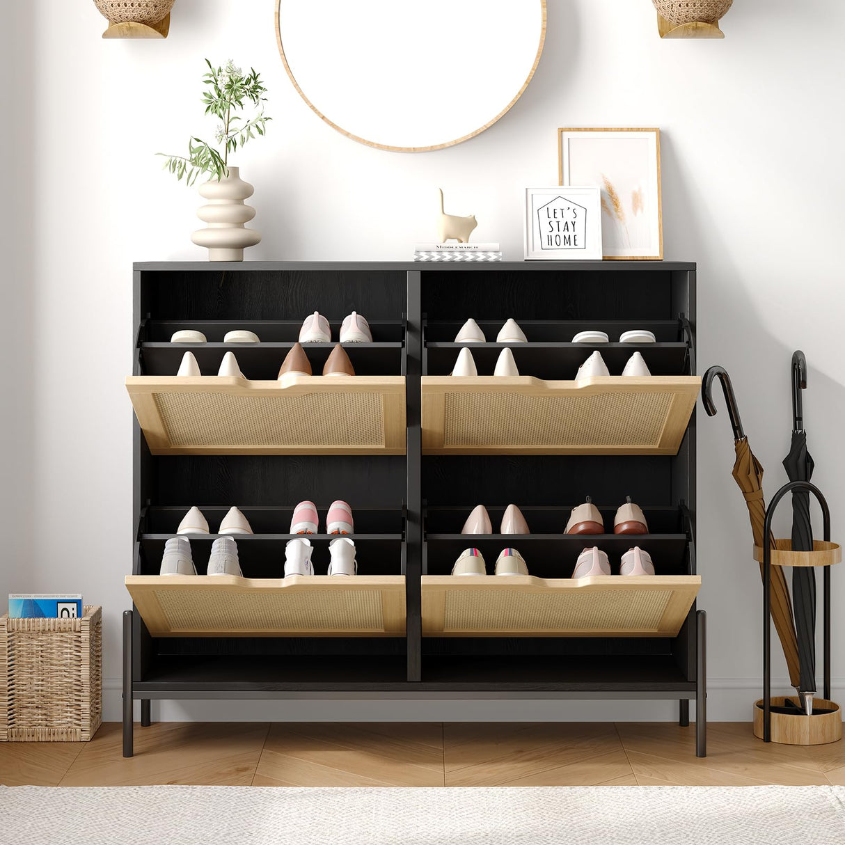 Algglobuy Large Rattan Shoe Cabinet Storage with 4 Flip Drawers & 3-Tier Adjustable Shelves, Slim Shoe Cabinet for Entryway, Modern Hidden Shoe Rack Cabinet, Black Algglobuy