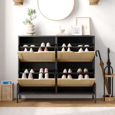 Algglobuy Large Rattan Shoe Cabinet Storage with 4 Flip Drawers & 3-Tier Adjustable Shelves, Slim Shoe Cabinet for Entryway, Modern Hidden Shoe Rack Cabinet, Black