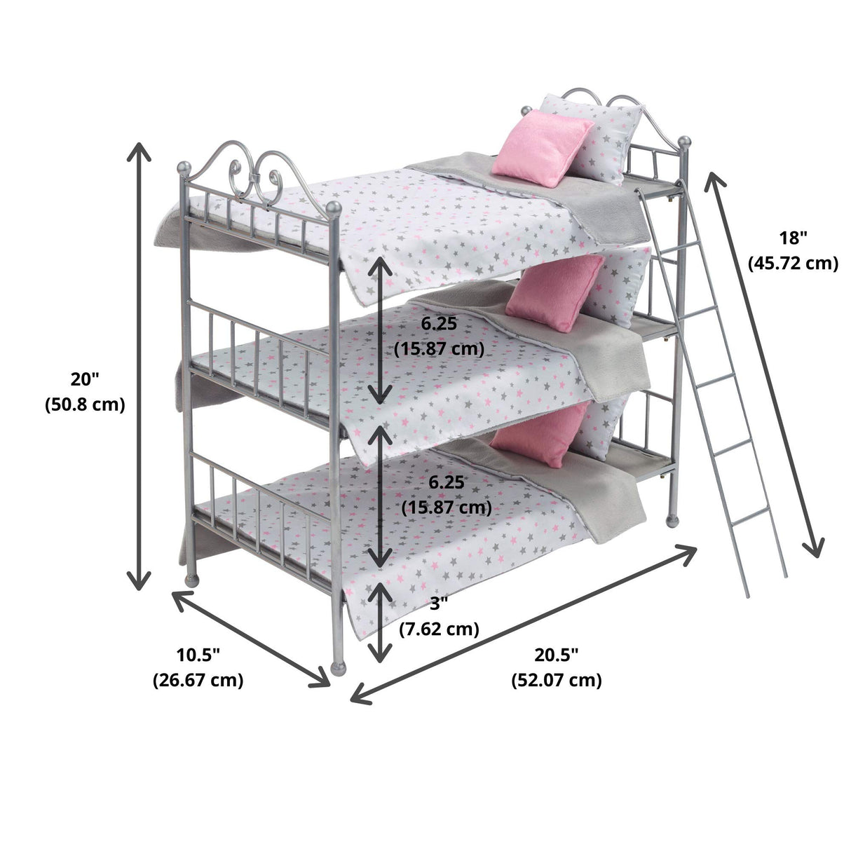 Badger Basket Scrollwork Metal Triple Doll Bunk Bed with Ladder and Bedding – Stylish Silver and Pink Stars Design for 18-Inch Dolls Badger Basket