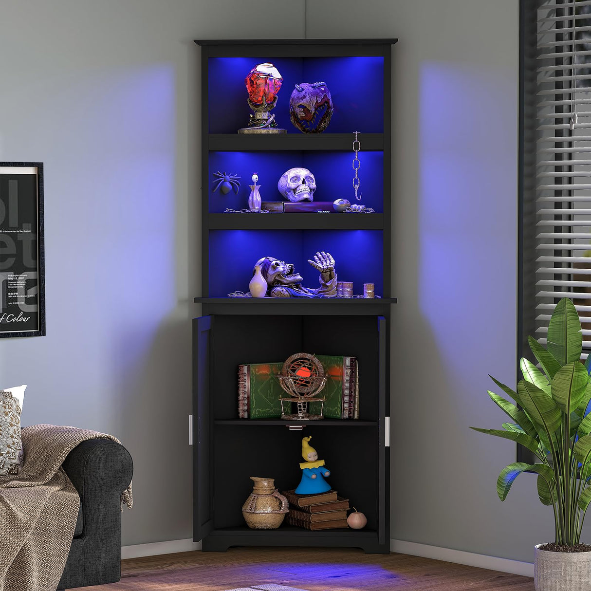 TEENFON Tall Corner Cabinet with LED Lights, Gothic Style Corner Storage Cabinets with Doors, 5-Tier Bathroom Cabinet, Living Room, Dining Room, Black TEENFON