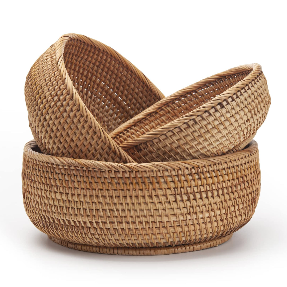 Round Rattan Fruit Baskets Woven Storage Bowls Key Holder Stackable for Shelf Kitchen Tabletop Natural Set of 3 DECRAFTS