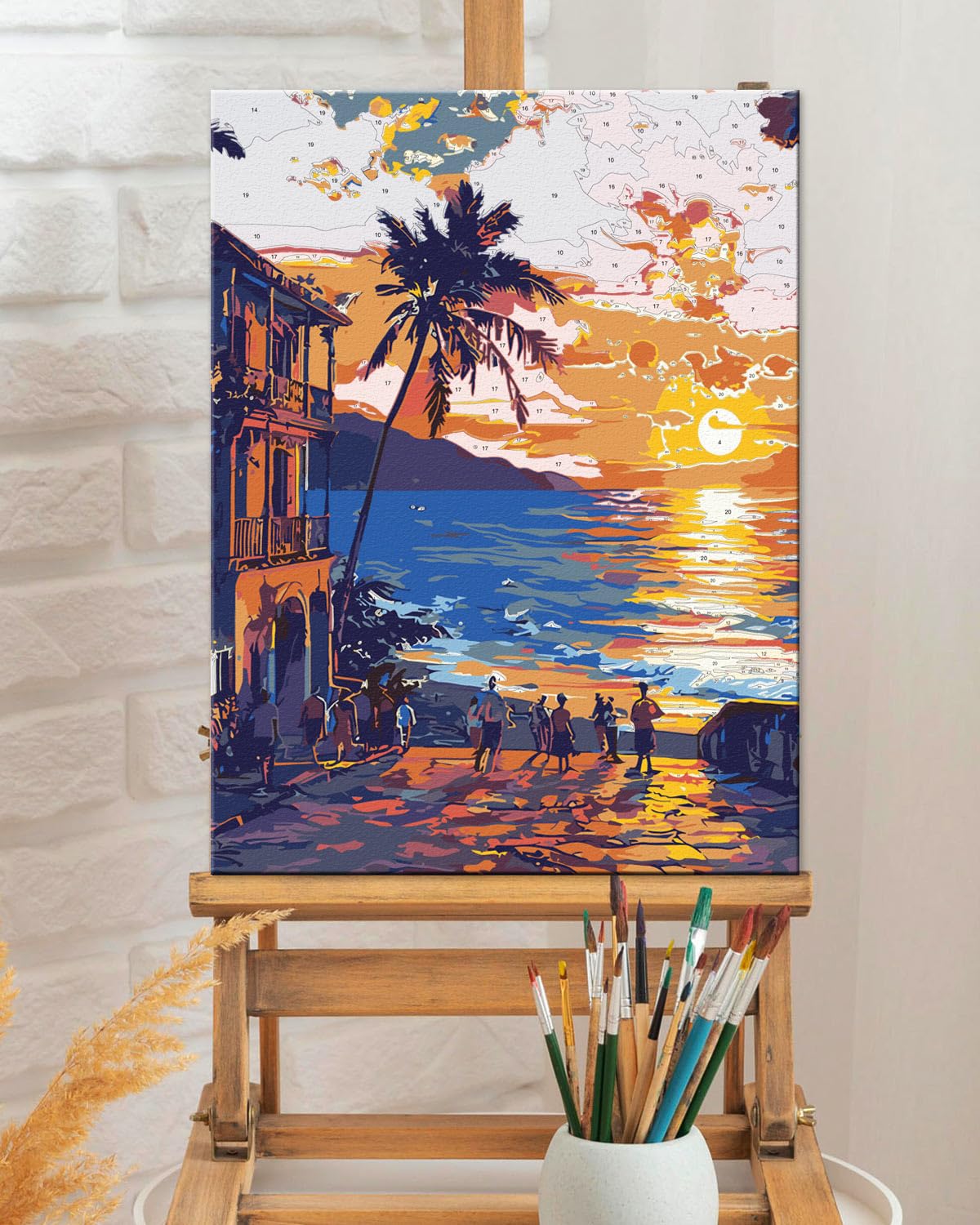 TOCARE Framed Paint by Numbers Kit for Adults, 12x16Inch Hawaii Sunset Paint by Numbers with Frame, Beach Paint by Number Framed Canvas Nature Scenery(Without Easel) TOCARE