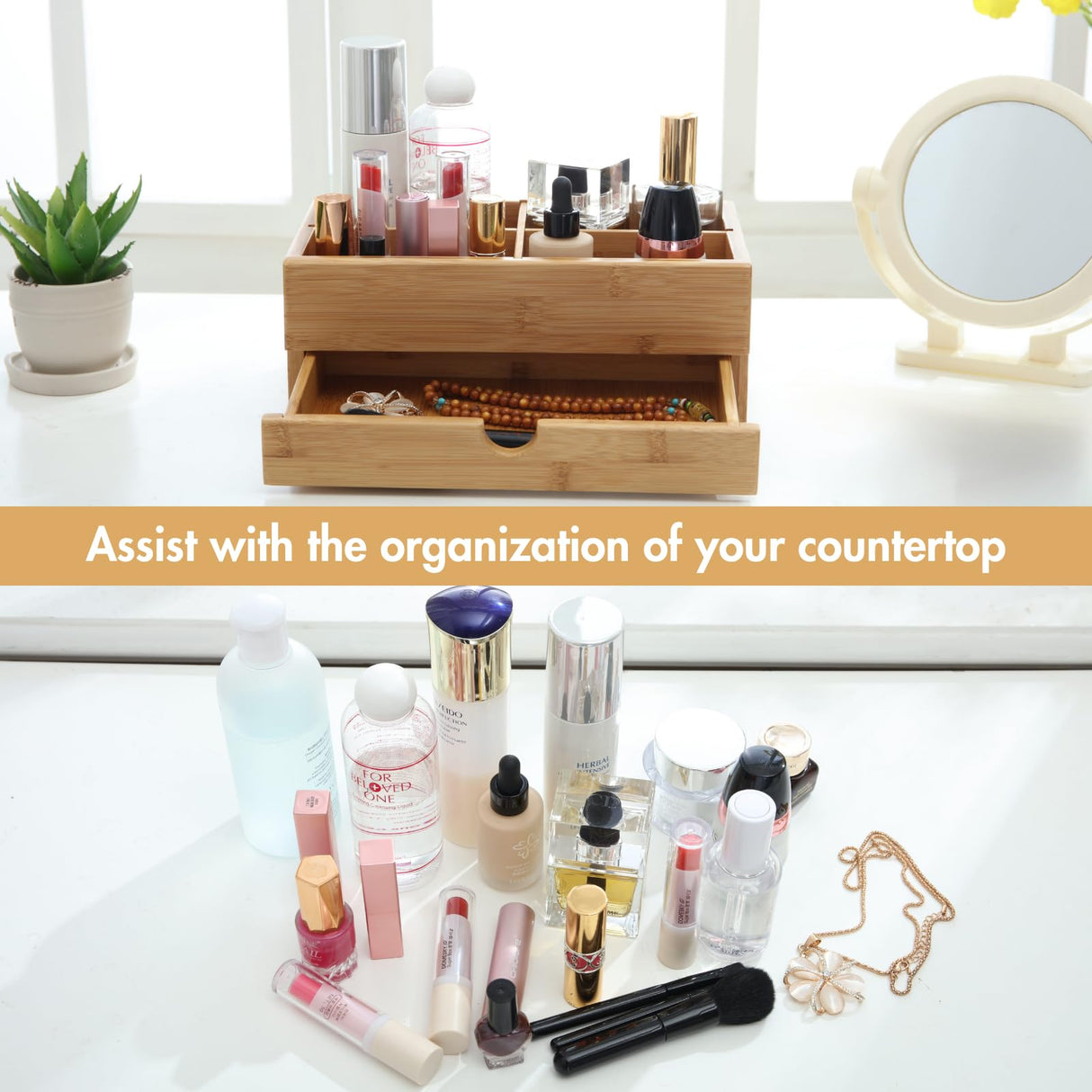 GOBAM Bamboo Makeup Organizer and Storage with Drawer, Wooden Cosmetic Organizer Countertop for Bathroom, Bedroom, Kitchen & Dresser, Desk Organizer with Drawers and Make up Vanity Station - Medium GOBAM