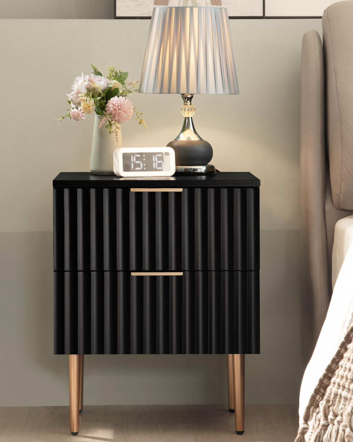SICOTAS Black Night Stand Set 2, Wide Fluted Nightstand with 2 Drawers, Modern Glossy Storage Bedside Table for Bedroom, End Side Table with Golden Metal Legs and Handles SICOTAS