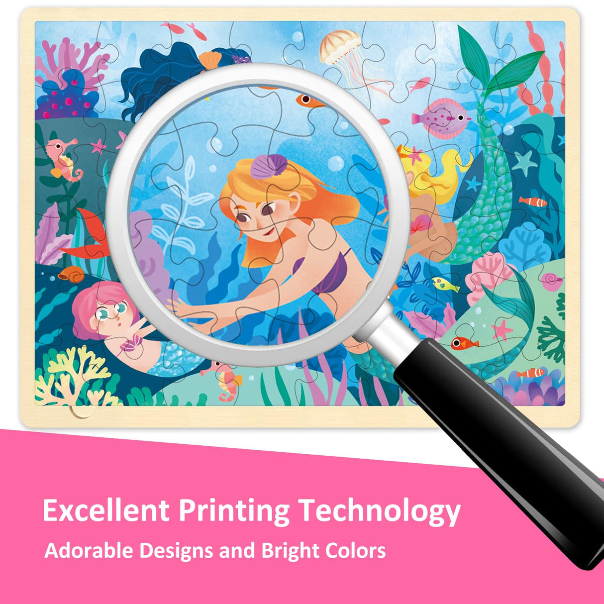 MoinKidz 48 Piece Puzzles for Kids Ages 3-5, Fun Mermaid Wooden Jigsaw Puzzles for 3 Year Old with Unique Puzzle Pieces, Preschool Toddler Puzzles Ages 4-8 with Puzzle Tray MoinKidz