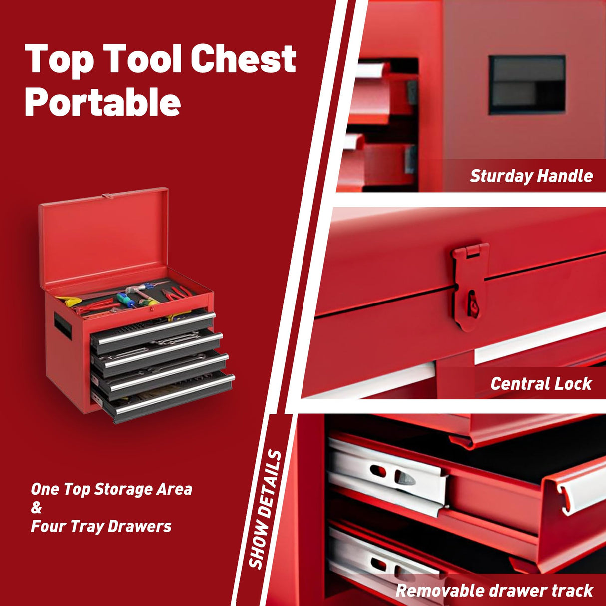 5-Drawers Large Tool Chest Tool Box Organizer with Lockable, 2-In-1 Detachable Tool Storage Cabinet with Wheels, Portable Expandable Tool Cart Toolbox with Drawers for Garage, Workstation, Workshop Flieghund