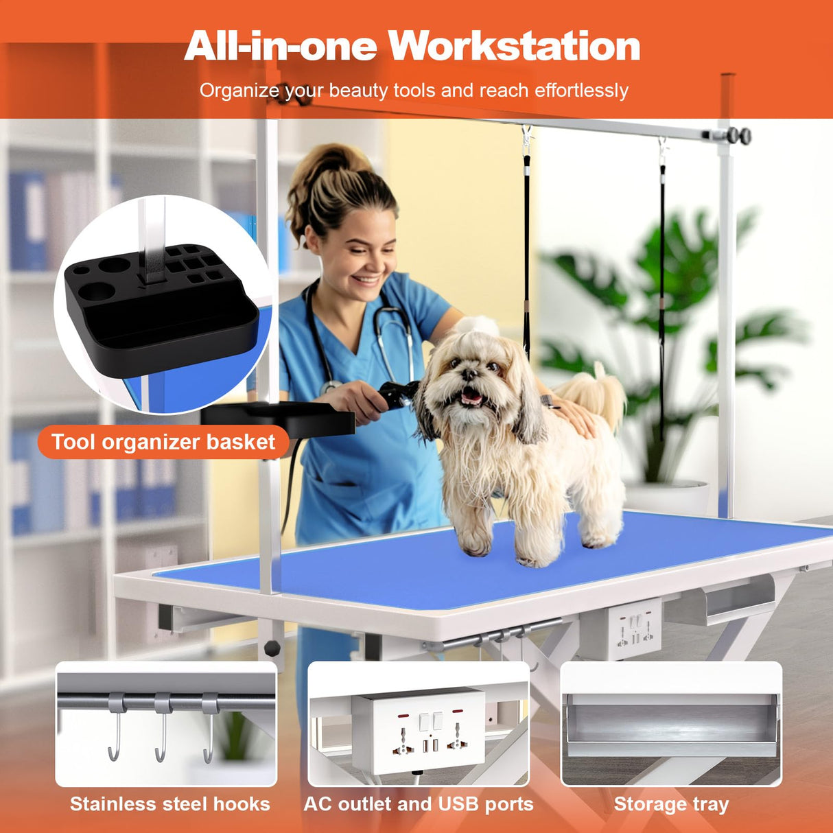 ynhunreth 49'' Electric Dog Grooming Table, Professional Heavy Duty Grooming Table for Dogs at Home 400lbs with Tool Organizer/3 Nooses/Adjustable Arm/Foot Control, Blue ynhunreth