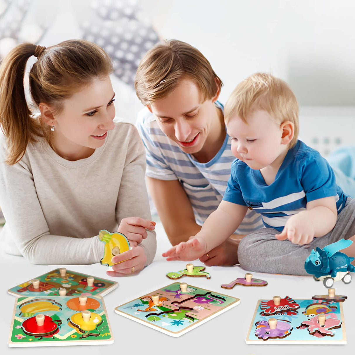 Wooden Toddler Puzzles, Funsland Peg Puzzles Gifts Toys, 4 Pcs Eco Friendly Animal Patterns Jigsaw with Handles, Infant Kid Fine Motor Skill Learning Educational Montessori Puzzles for 1 2 3 Years Old Funsland
