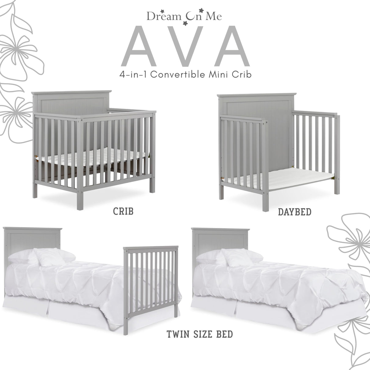 Dream On Me Ava 4-in-1 Convertible Mini Crib in Pebble Grey, 635-PG, Greenguard Gold Certified, Non-Toxic Finish, Comes with 1" Mattress Pad, with 3 Mattress Height Settings Dream On Me