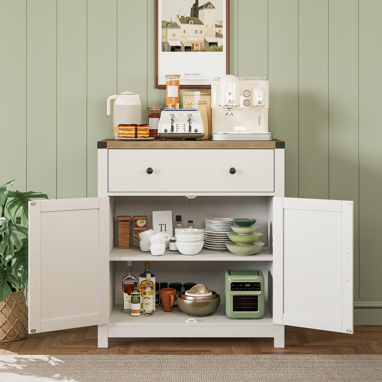 Coffee Bar Cabinet, Kitchen Storage Cabinet,Sideboard Buffet Cabinet with Storage,15.55" D x 31.5" W x 34.65" H Bar Door Kitchen Cabinet, Farmhouse Cabinet with Drawer and Adjustable Shlef, White Mufico