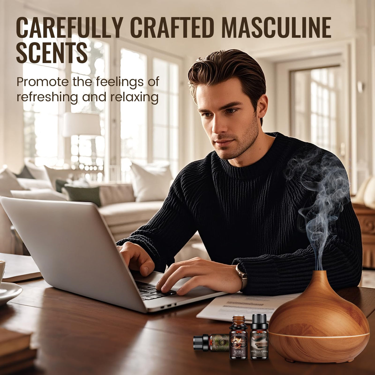 Men Essential Oils Set, Fragrance Oil for Diffuser, Leather, Tobacco, Cedar, Bourbon Whisky, Bergamot, Candle Scents for Candle Making, Soap Making Supplies, Man Aromatherapy Diffuser Oils Kit(6x10ML) Aeshory