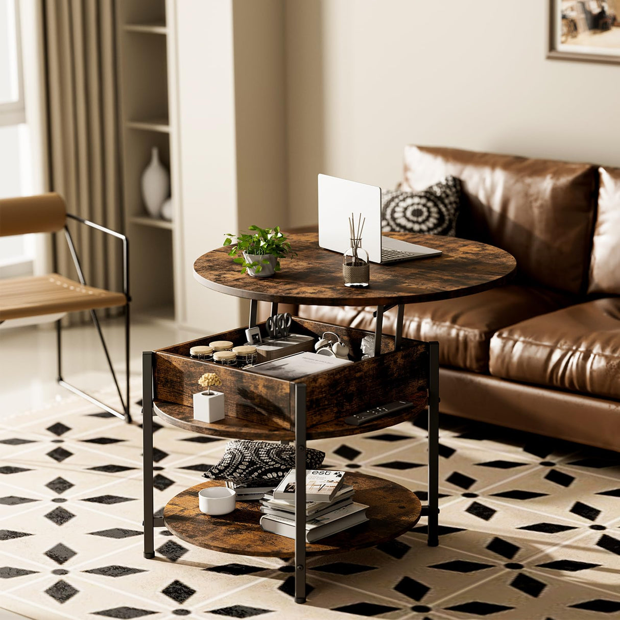 Ablefurn 26.77” Round Lift Top Coffee Table with Hidden Compartment and Adjustable Foot Pad,Rustic Central Table Dining Table with Lift Tabletop and Open Shelf for Home Living Room, Office, Brown Ablefurn