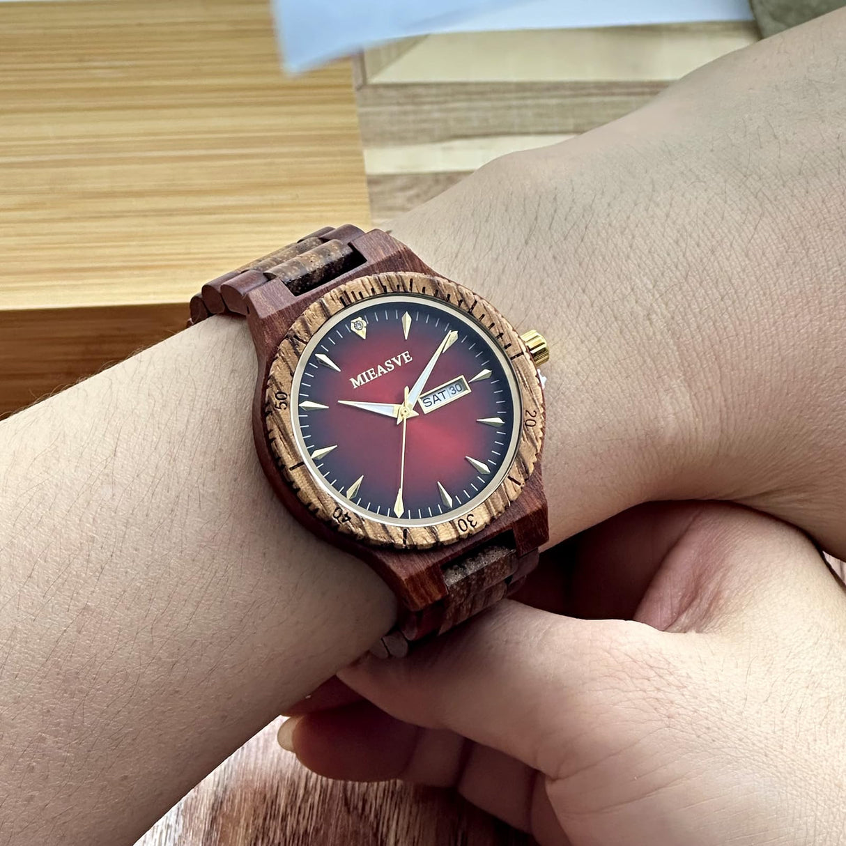 MIEASVE Handmade Wood Watches for Men Red Dial Lightweight Analog Quartz Wooden Watch Adjusted Band MIEASVE