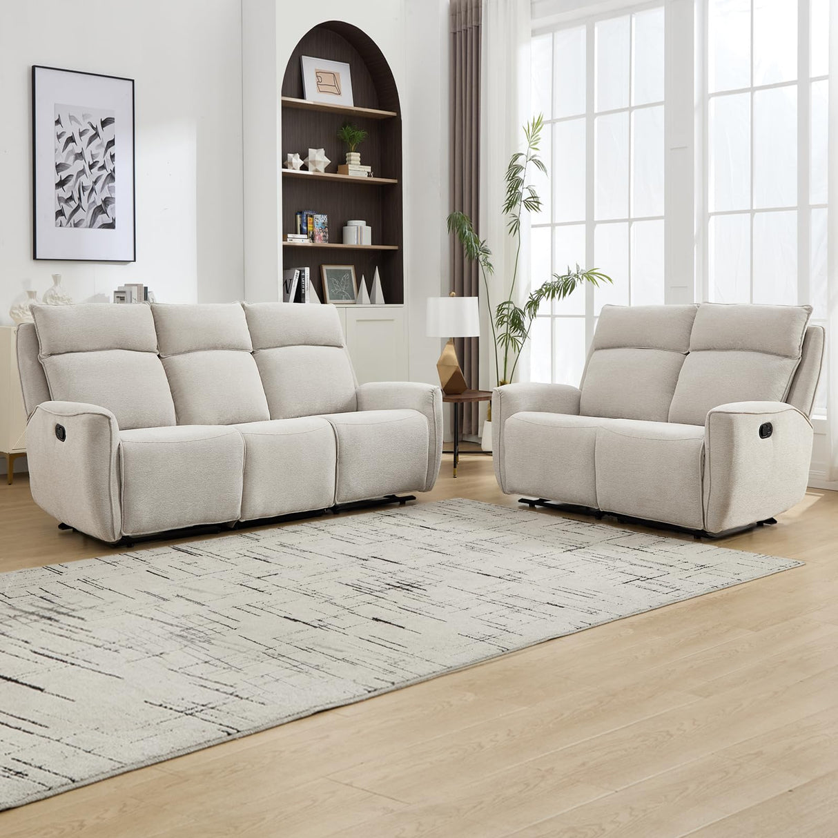INZOY Manual Loveseat Recliner Sofa Set, Wall-Hugger Reclining Living Room Furniture Set, Chenille 2-Seater Recliner Chair and 3-Seat Reclining Sofa Couches for Office, Villa, Beige,2+3 INZOY