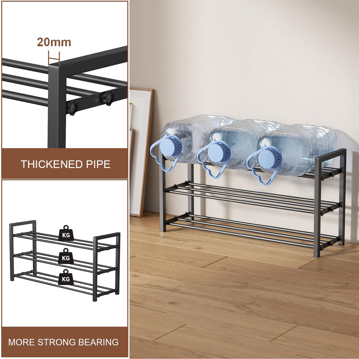 HDDTTZ 3-Tier Expandable Shoe Rack, Adjustable Shoe Shelf Storage Organizer Heavy Duty Metal Free Standing Shoe Rack for Entryway Closet Doorway (Black) HDDTTZ