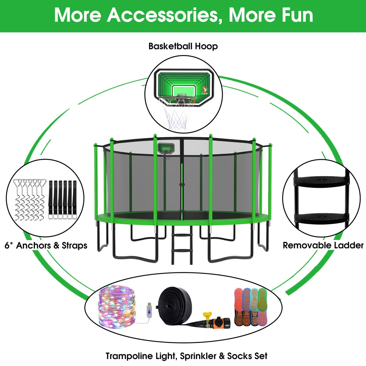 YORIN Tranpoline 16FT Tranpoline for Kids 1500LBS Tranpoline with Basketball Hoop, Enclosure Net, Back Yard Outdoor Recreational Tranpolines with Light, Sprinkler, Socks, Amazing Green YORIN