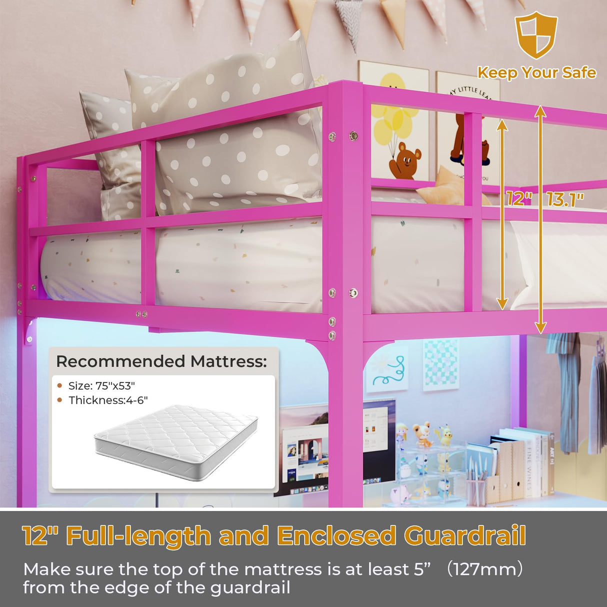 DICTAC Loft Bed Full Size with Desk and Led Lights Metal Full Loft Bed with Power Outlet Full Size Bed Frame with Top Bunk and Safety Guard & Ladder, Space-Saving,No Noise,No Box Spring Needed, Pink DICTAC