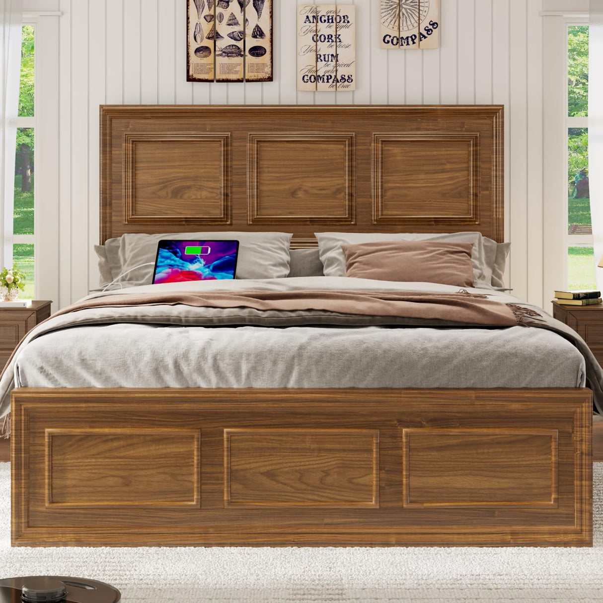 Incyneva Farmhouse Platform Queen Bed Frame Wood with Adjustable Headboard, LED Light and Charging Station, No Box Spring Needed, Noise Free, Geometric Design & Vintage Brown Incyneva