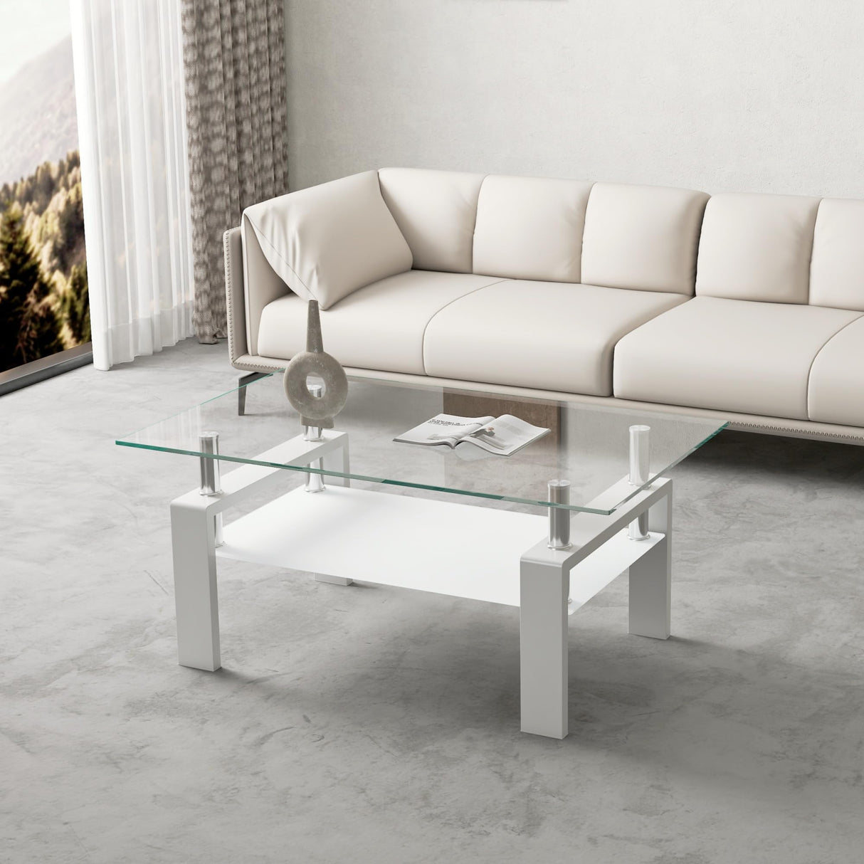 Glass Coffee Table for Living Room, Modern Coffee Table with Transparent Tempered Glass Top and White Metal Legs, Rectangle Tea Table for Home Meihua