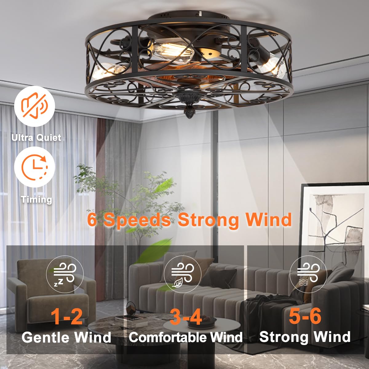 SHLUCE Caged Flush Mount Ceiling Fan with Lights, Farmhouse Rustic Bladeless Ceiling Fans with Lights and Remote, Low Profile Small Enclosed Ceiling Fan with Light for Bedroom, Kitchen, Black SHLUCE