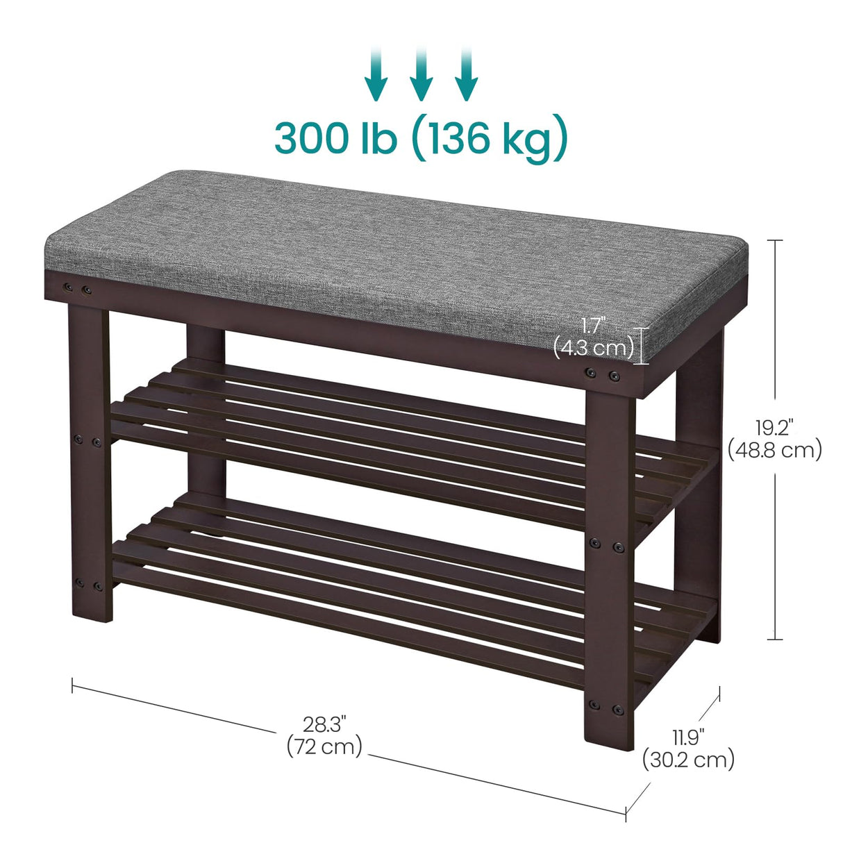 SONGMICS Bamboo Shoe Bench, 3-Tier Shoe Rack Organizer for Entryway, Living Room, Bench Seat Holds Up to 300 lb, 11.9 x 28.3 x 19.2 Inches, Rustic Walnut and Slate Gray ULBS604CG SONGMICS