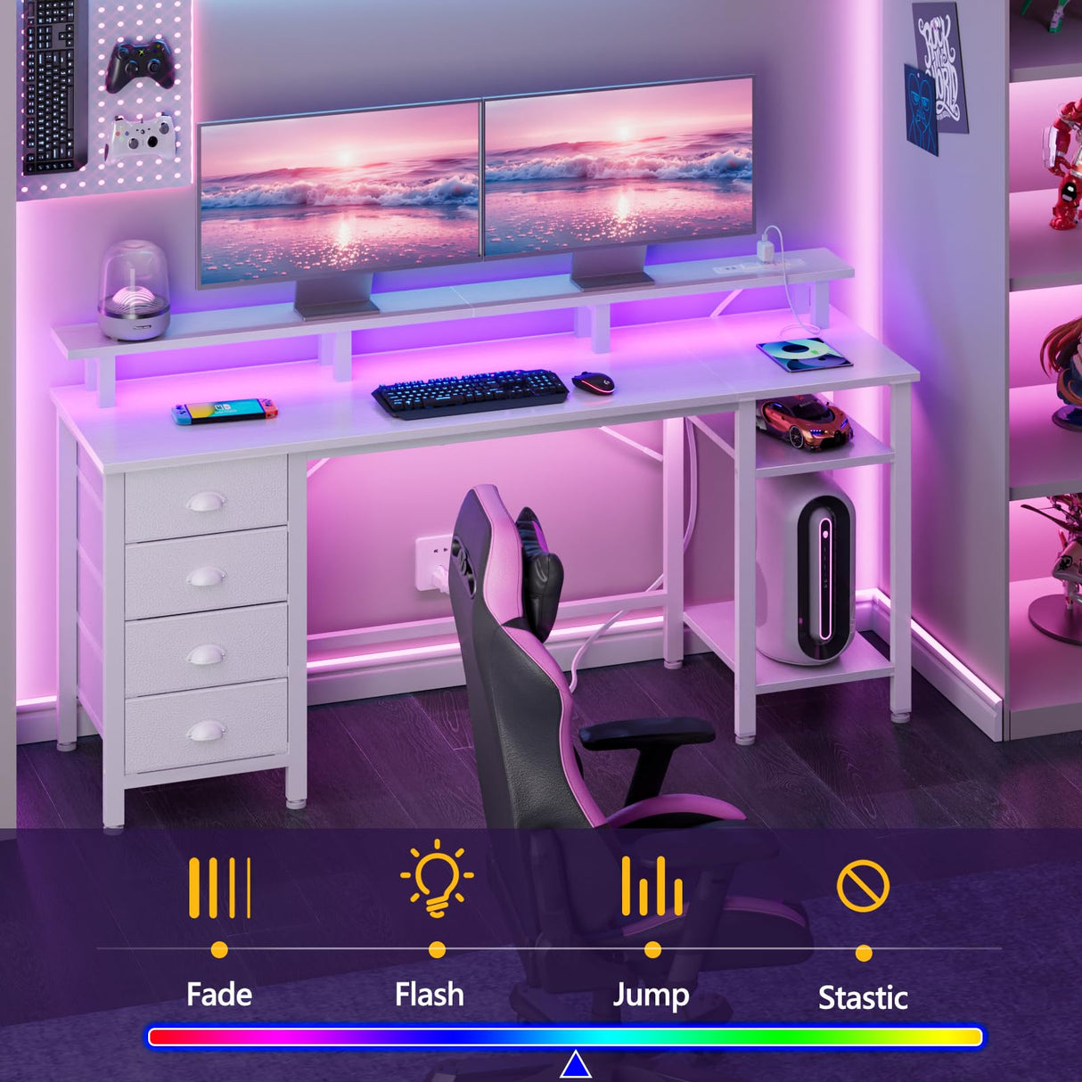 Furologee 61 Inch Desk with Power Outlets and LED Lights, Computer Desk with 4 Removable Drawers, White Office Desk with Long Monitor Stand, Large Gaming Desk with Shelves for Home Office/Bedroom Furologee