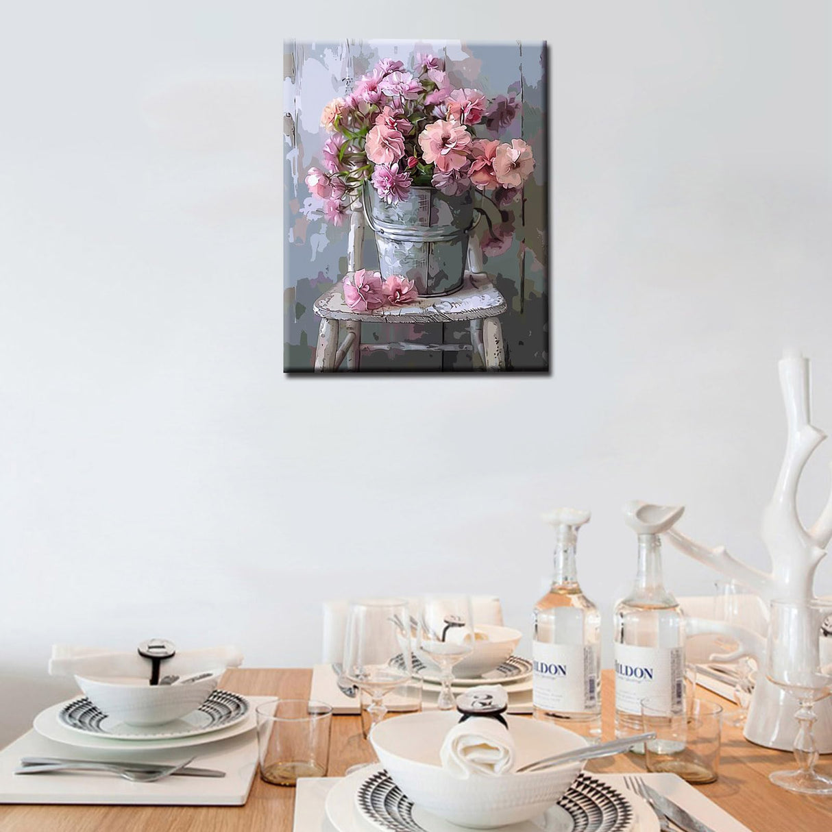 DIY Paint by Numbers Pink Flowers - Vintage Style Adults' Painting Kit on Canvas Tucocoo