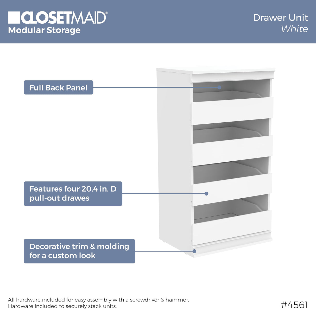ClosetMaid Modular Storage 21.38-inch W 3-Shelf 4-Drawer Tower Wood Closet System, White ClosetMaid