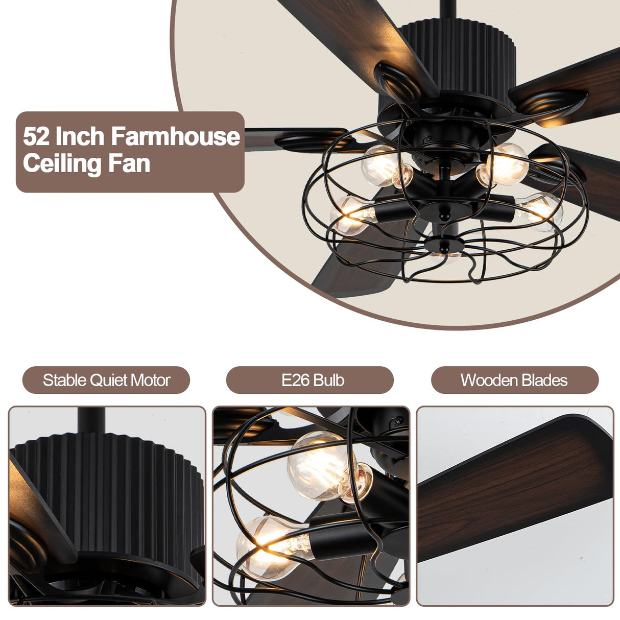 Curve Curio 52 Inch Farmhouse Ceiling Fan with Light Black Rustic Ceiling Fan Quiet and Reversible DC Motor Caged Chandelier Fan for Living Room Bedroom Patio Curve Curio