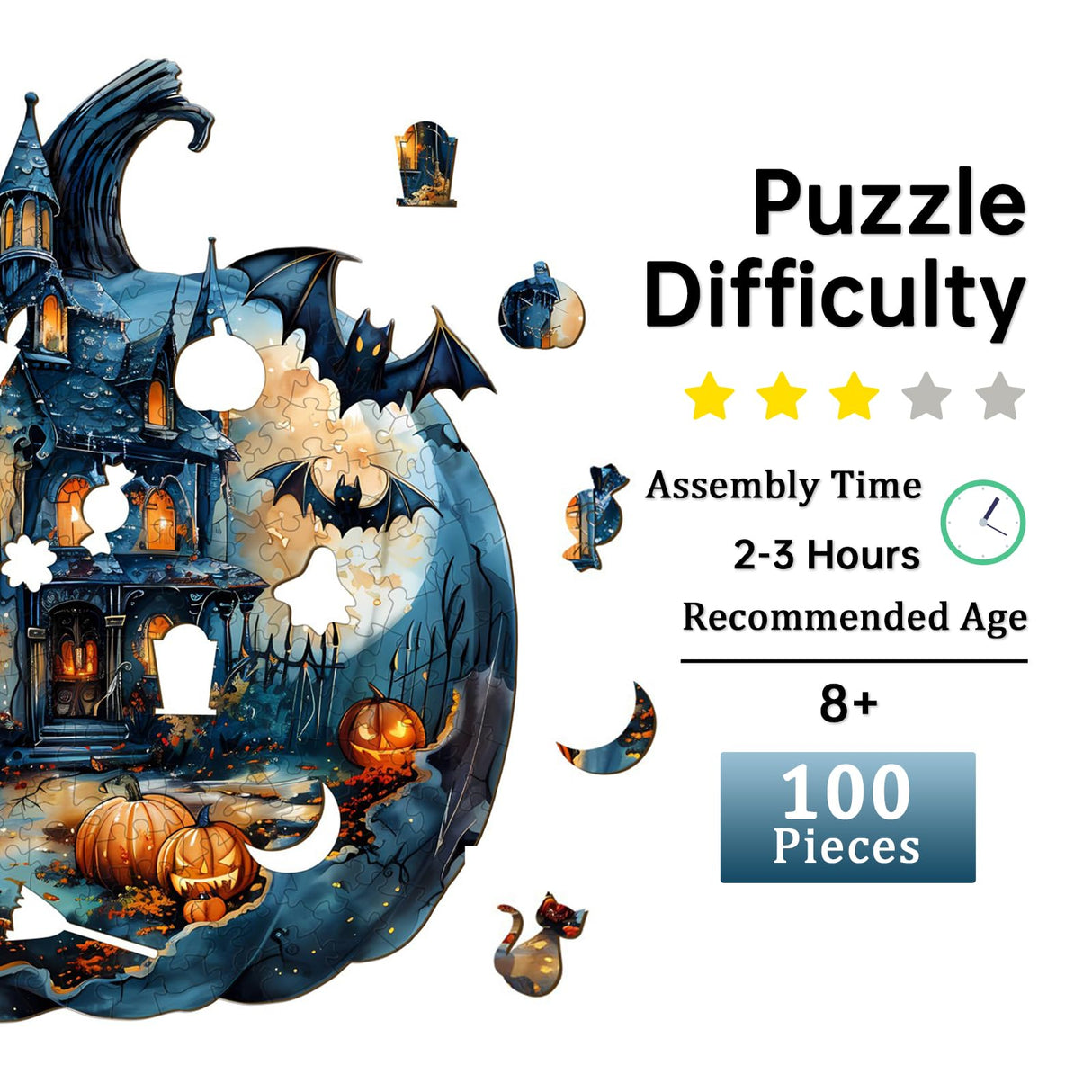 Jigfoxy Wooden Puzzles for Adults, Halloween Pumpkin Wood Puzzles Adult, Unique Animal Shape Wooden Jigsaw Puzzles for Adults, Birthday Gifts for Puzzle Lovers, Family (S-8.5 * 7.8in-100pcs) Jigfoxy