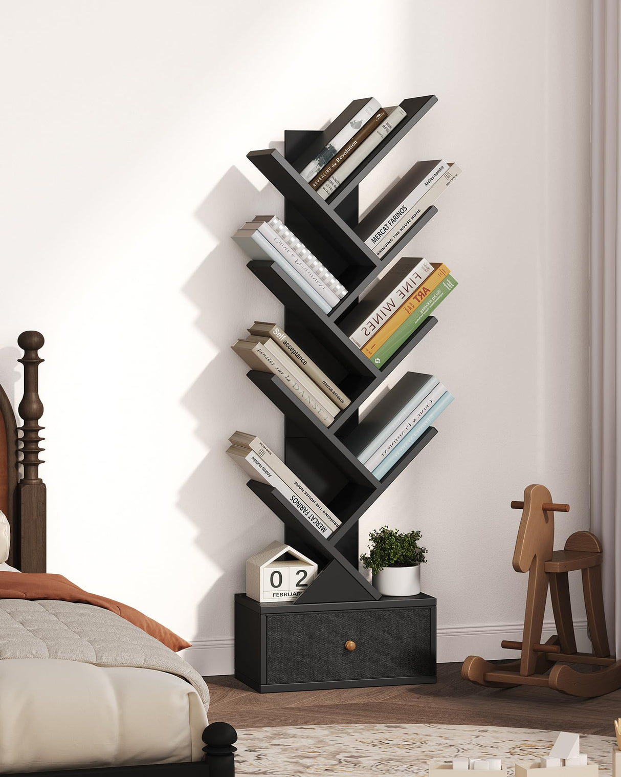 Yzosvki 9 Tier Tree Book Shelf with Drawer, Floor Standing Bookshelf Storage Organizer Bookshelves for Books/CDs, 9 Shelf Narrow Bookcase for Sturdy Room, Bedroom, Living Room, Black Yzosvki