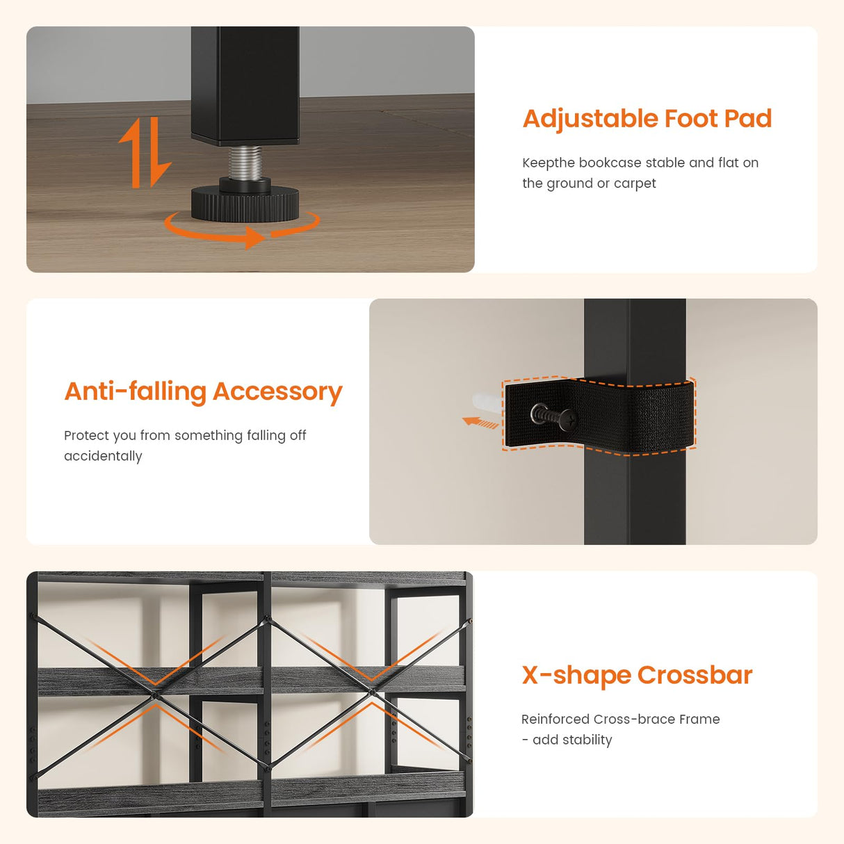 HAUOMS Bookshelf with 8 Fabric Drawers, 7-Tier Bookcase with Baffles Display Shelves, Industrial Large Book Shelf for Living Room Home Office, Grey HAUOMS