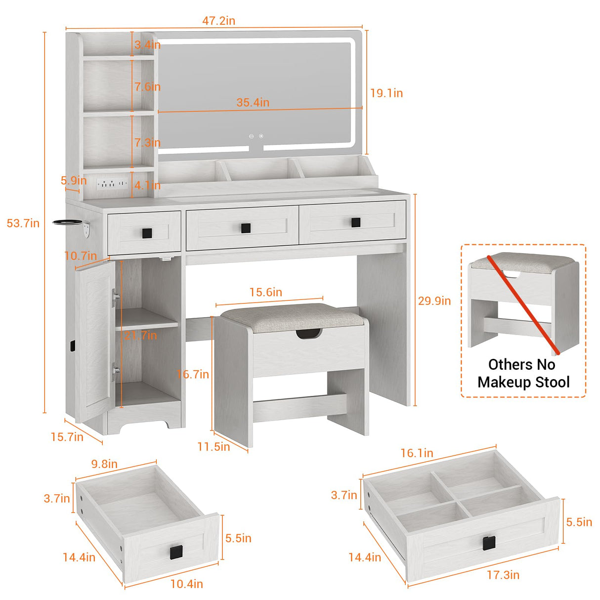 Seetech Farmhouse Makeup Vanity Desk with Mirror and Lights - 47.2" Dressing Table Set with Storage Stool, 3 Drawers, 6 Shelves, Cabinet, Power Outlet, for Bedroom, for Women, for Teen Girl, White Seetech