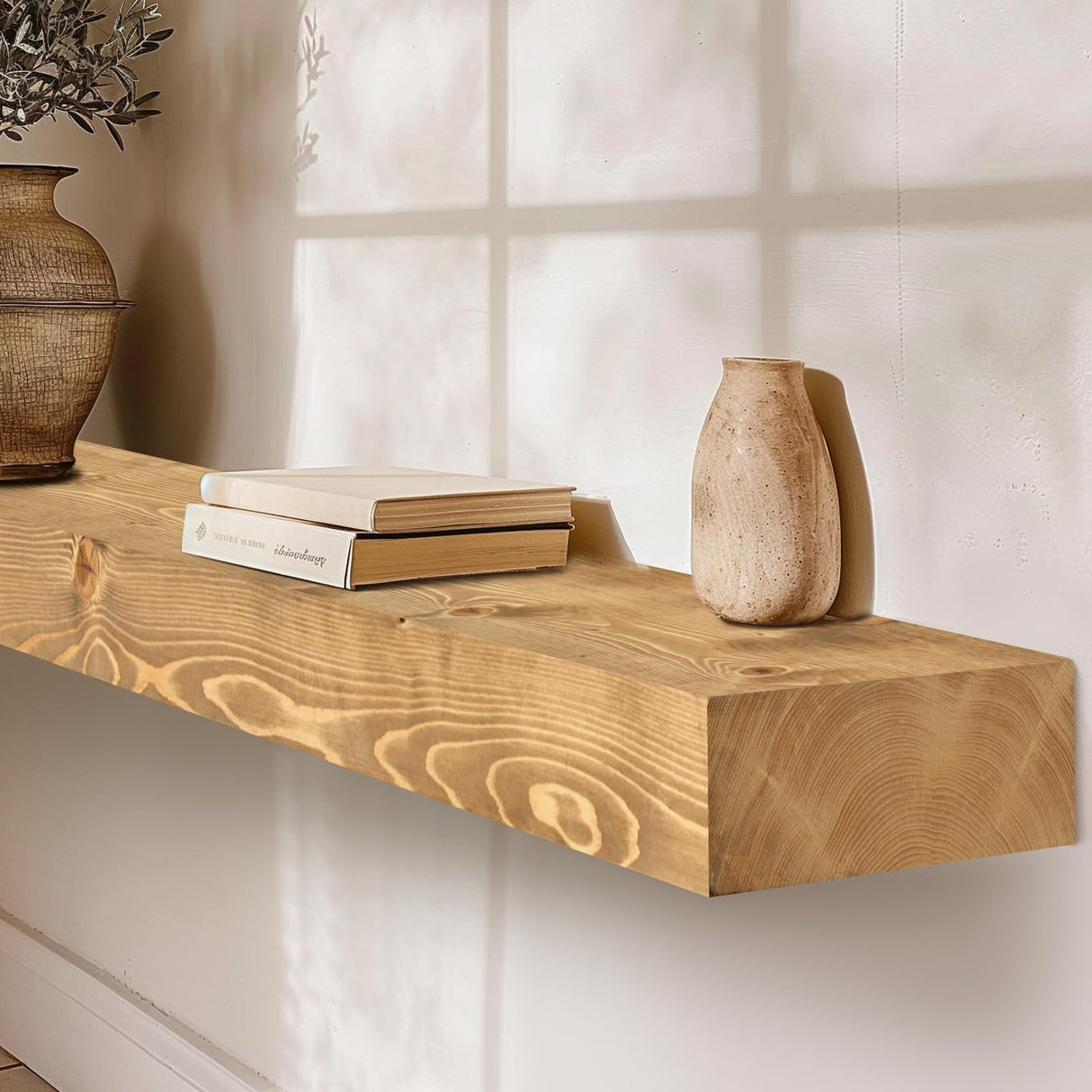 YLYHSST 60" Fireplace Mantel, 3'' Thick Handmade Rustic Solid Wood - Wall Long Floating Shelf with Invisible Metal Bracket, Wood Color YLYHSST