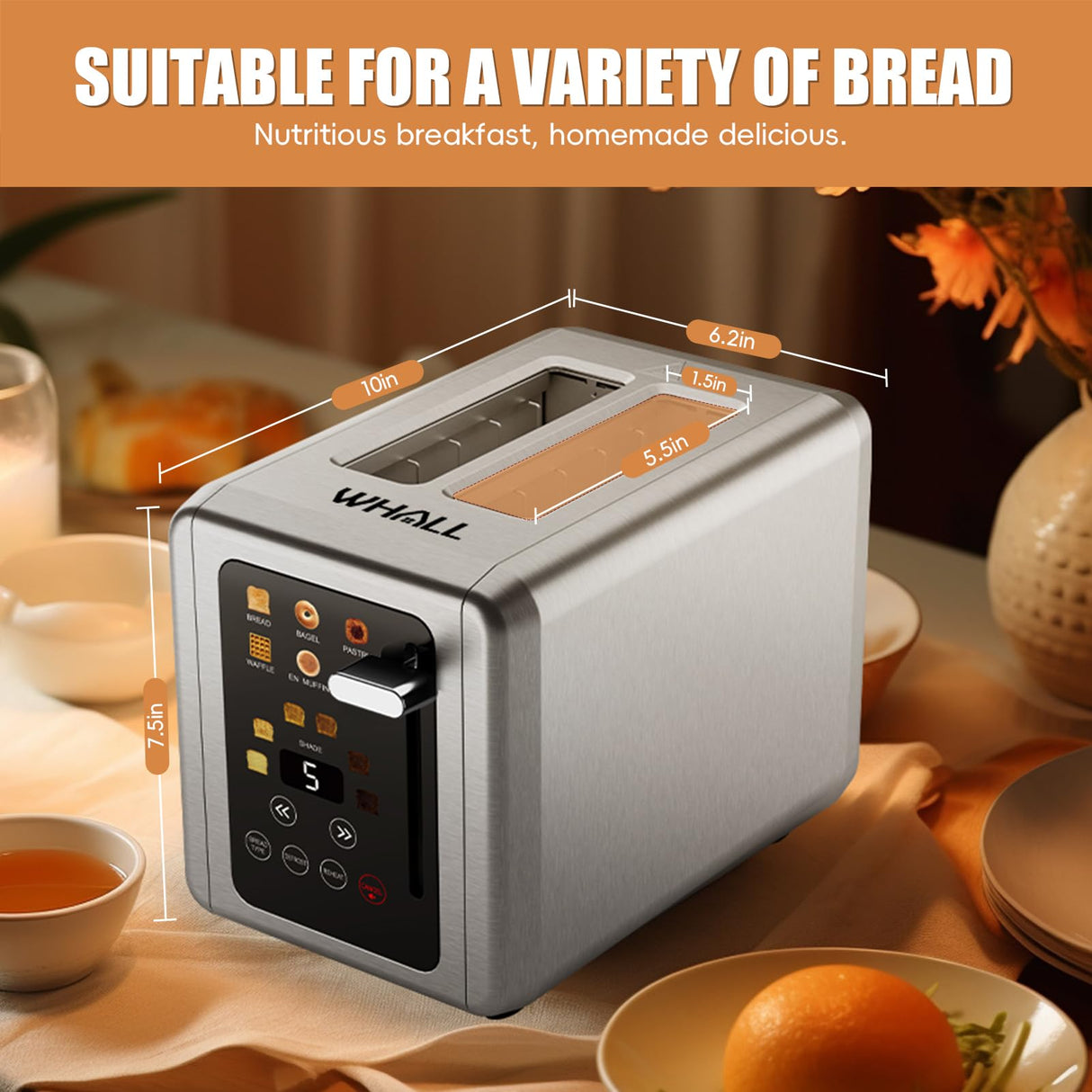 WHALL® Touch Screen Toaster 2 Slice, Stainless Steel Digital Timer Toaster, 6 Bread Types & 6 Shade Settings, Smart Extra Wide Slots Toaster With Bagel, Cancel, Defrost Functions whall