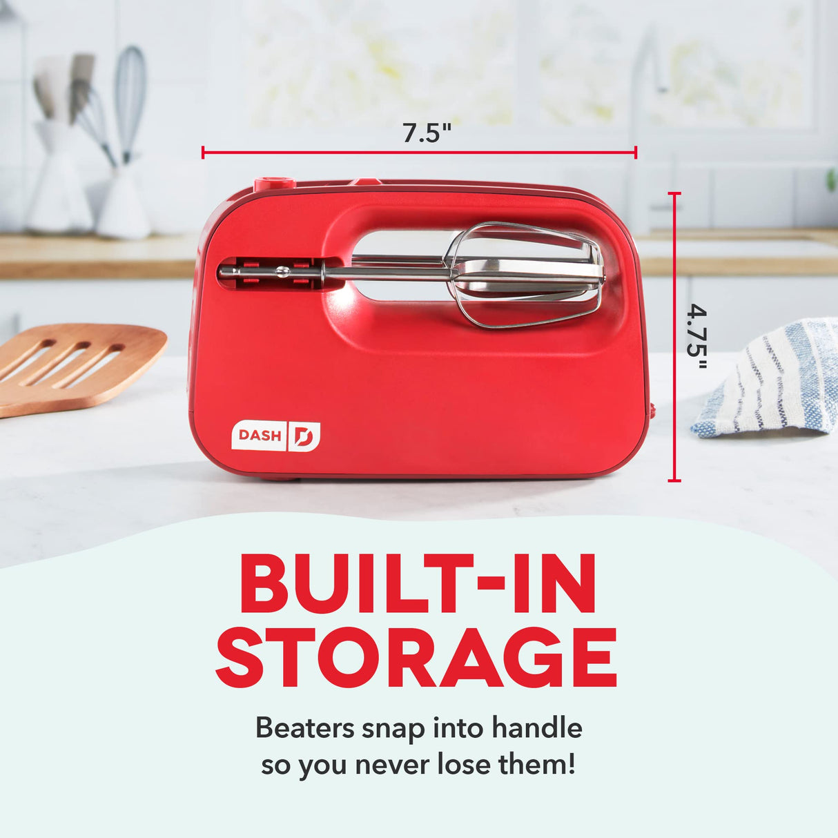 Dash SmartStore™ Compact Hand Mixer Electric for Whipping + Mixing Cookies, Brownies, Cakes, Dough, Batters, Meringues & More, 3 Speed, 150-Watt - Red DASH