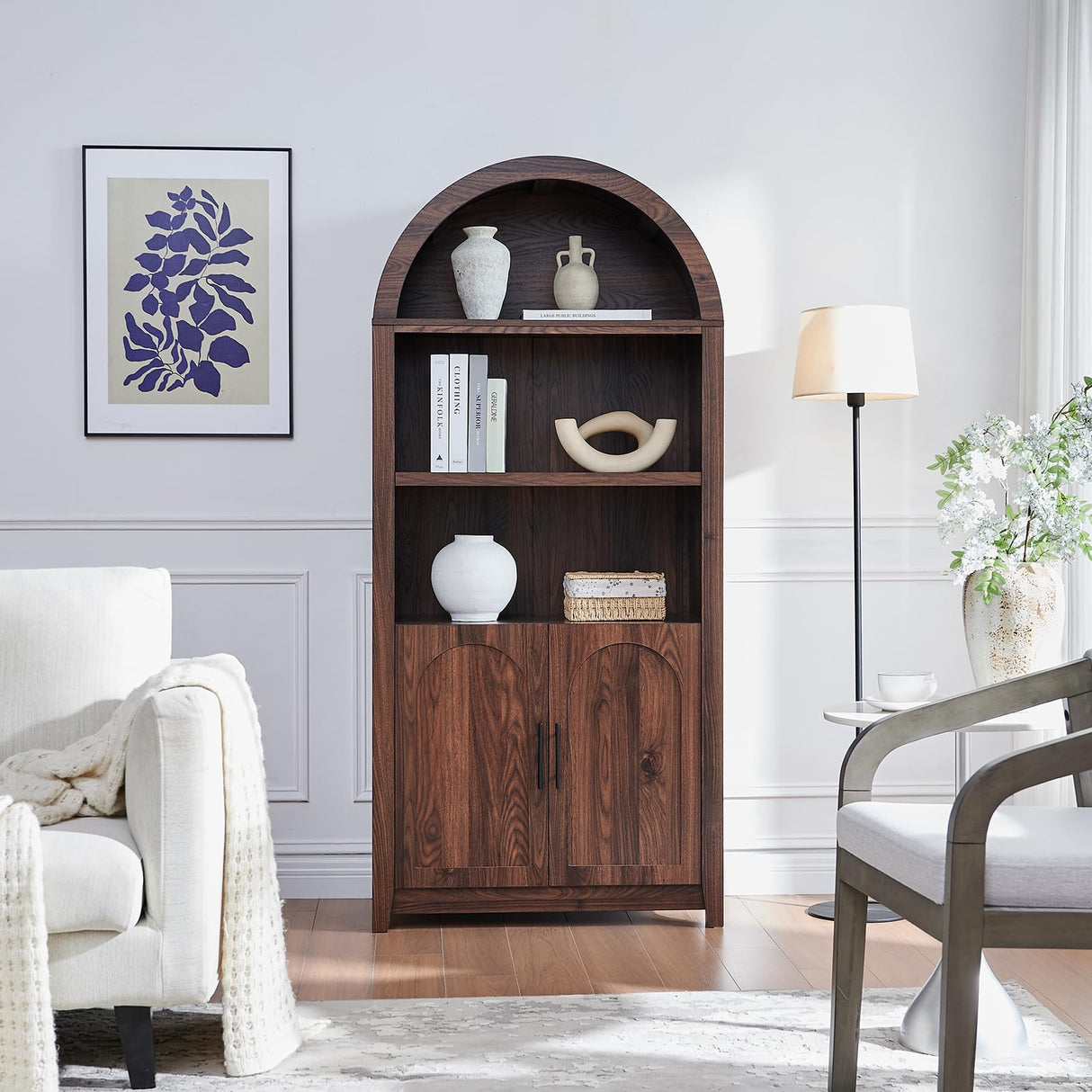 RowyPoey Rattan Arched Cabinet Bookshelf - 69.3” Tall Mid Century Display Cabinet, Rounded Bookcase with Rattan Doors, Open Shelf Storage for Dining Room (Walnut, 1 PC) RowyPoey