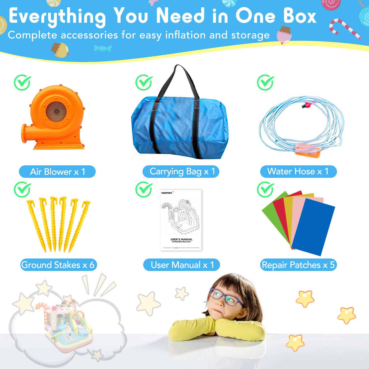 NBSPORT Inflatable Bounce House Water Slide, 6 in 1 Sweet Candy Water Park, Wet Dry Combo Bouncy Castle with 450W Blower, Splash Pool, Water Slide for Kids and Adults Backyard Party Gifts NBSPORT