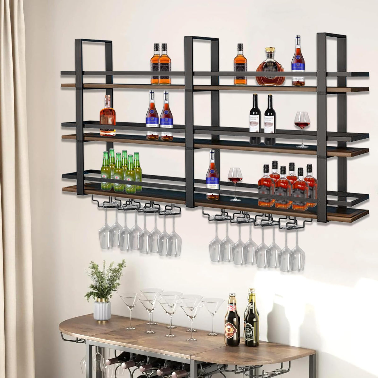 Wall Mounted Wine Rack with LED Light, 55.1in Large Wine Bottles Display Shelf with Glasses Holder, 3 Tier Metal Bar Shelves, Industrial Liquor Shelves for Home Bar, Dining Room & Kitchen (55.1in) DSVONAUS