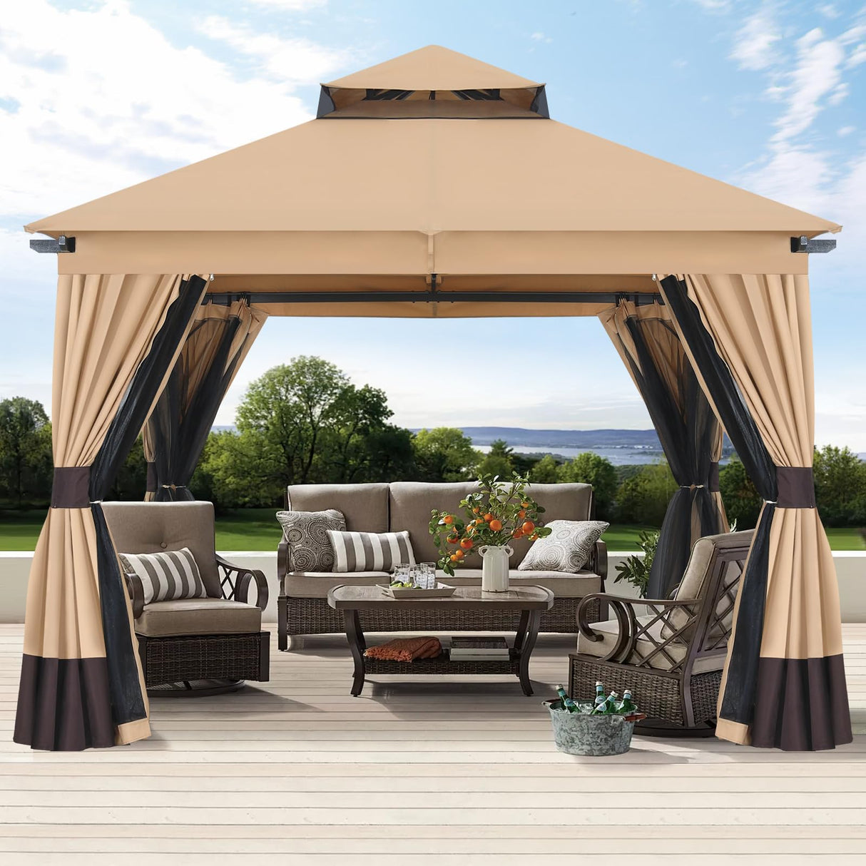 MASTERCANOPY 10x10FT Outdoor Patio Gazebo with Double Roofs, Mosquito Netting and Privacy Screens for Backyard, Garden, Lawn, Beige MASTERCANOPY