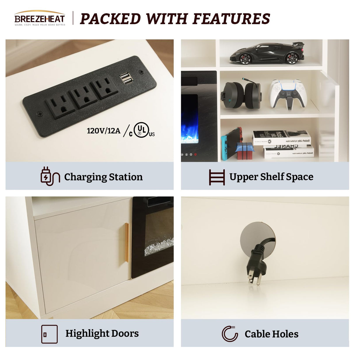 BREEZEHEAT Electric Fireplace TV Stand-Led Entertainment Center-70 inch TV Stand with 36" Electric Fireplace-Living Room Tv Cabinet with Storage for TVs Up to 80",Modern Media Console (White) BREEZEHEAT