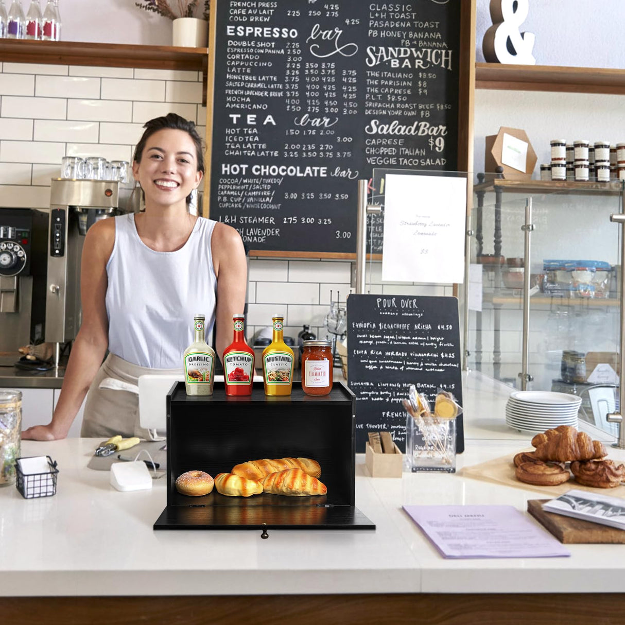 DECOCIAGA Bread Box for Kitchen Countertop, Large Capacity Bread Storage Container for Homemade Bread, Wooden Bread Holder Bread Bin for Kitchen Counter Corner, Cabinet, Pantry, Cupboard (Black) DECOCIAGA